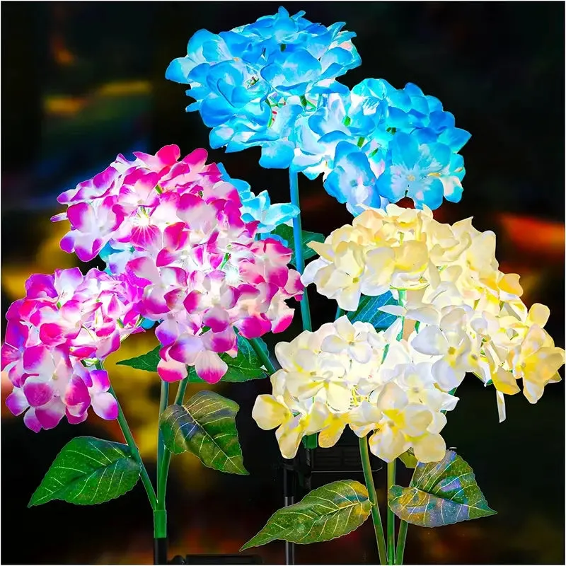 2-Pack: Hydrangea Solar LED Flower Lights with 3 Heads Outdoor Waterproof Garden Lights