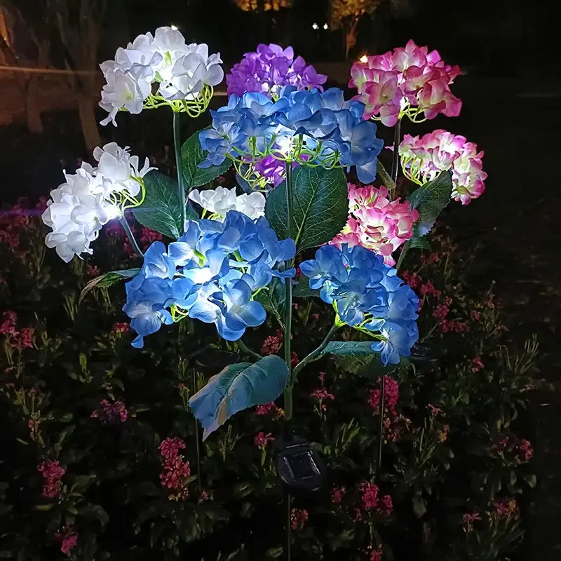 2-Pack: Hydrangea Solar LED Flower Lights with 3 Heads Outdoor Waterproof Garden Lights