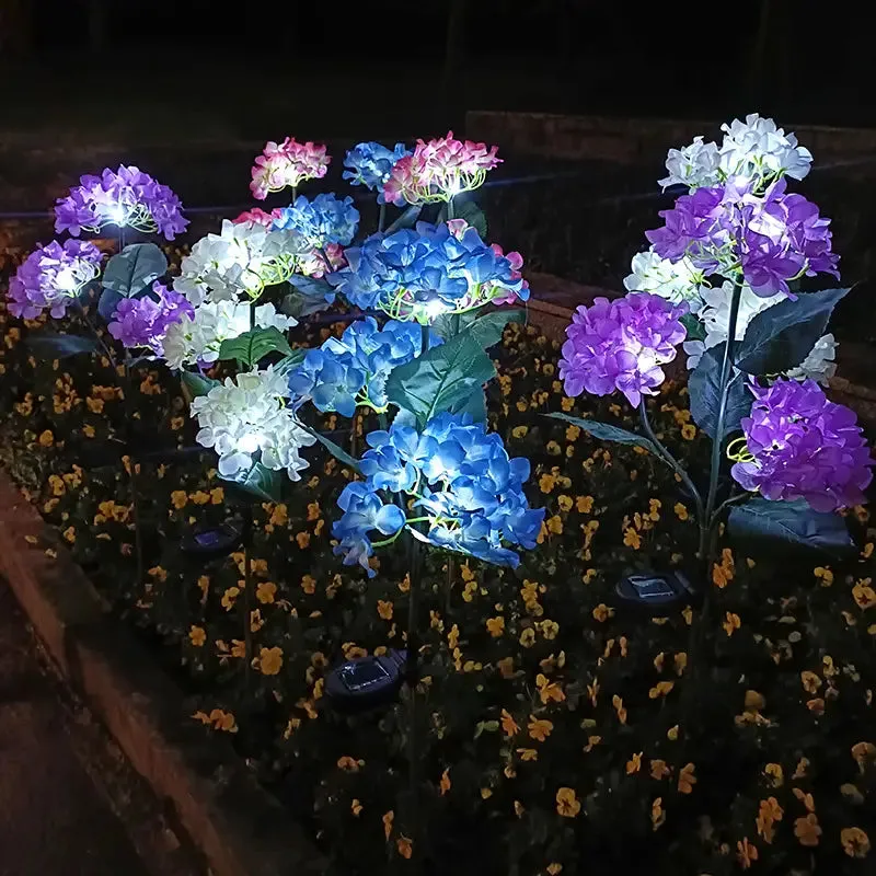 2-Pack: Hydrangea Solar LED Flower Lights with 3 Heads Outdoor Waterproof Garden Lights