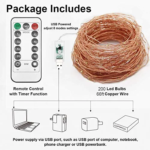 200 LED 66ft Copper Fairy String Lights - 8 Modes - USB Powered - Remote Control - Warm White