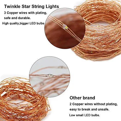 200 LED 66ft Copper Fairy String Lights - 8 Modes - USB Powered - Remote Control - Warm White