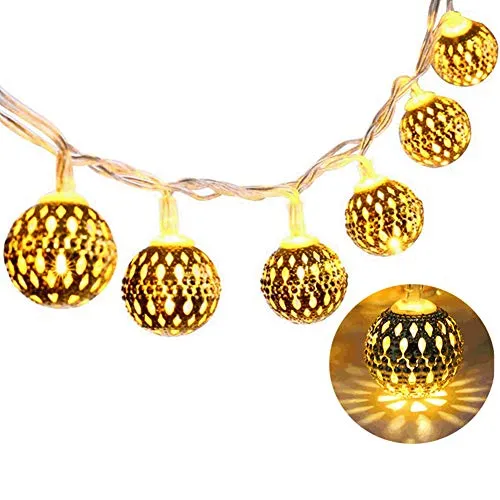 40 LED Globe String Lights - Battery Operated - Golden Moroccan Hanging Lights - Warm White