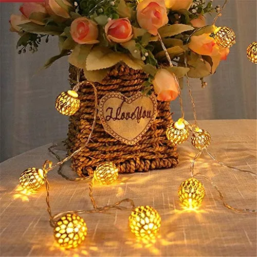 40 LED Globe String Lights - Battery Operated - Golden Moroccan Hanging Lights - Warm White