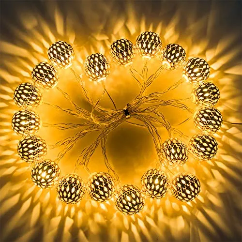 40 LED Globe String Lights - Battery Operated - Golden Moroccan Hanging Lights - Warm White