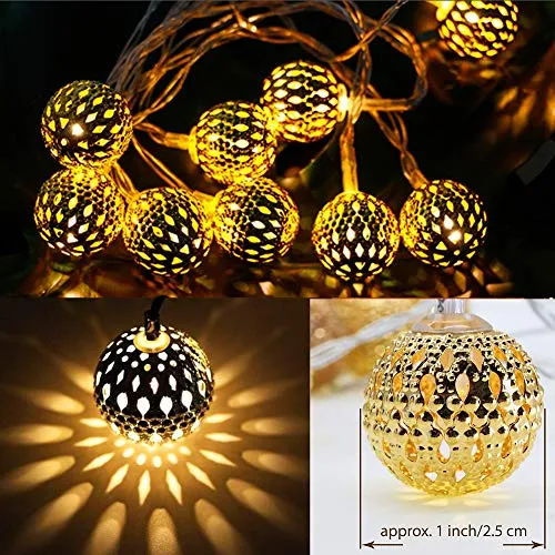 40 LED Globe String Lights - Battery Operated - Golden Moroccan Hanging Lights - Warm White