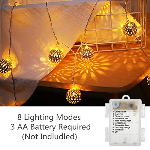 40 LED Globe String Lights - Battery Operated - Golden Moroccan Hanging Lights - Warm White