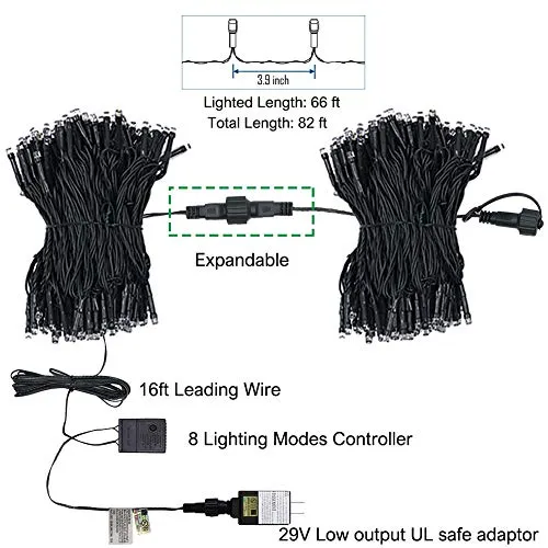 66ft 200 LED Christmas Tree String Lights - UL Safe Certified - Plug-in - Expandable Green Wire - 8 Modes - Warm White