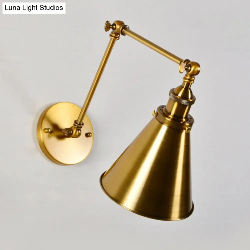 Antique Brass Wall Light with Flexible Swivel Arm and Conic Mount - 1 Bulb Fixture