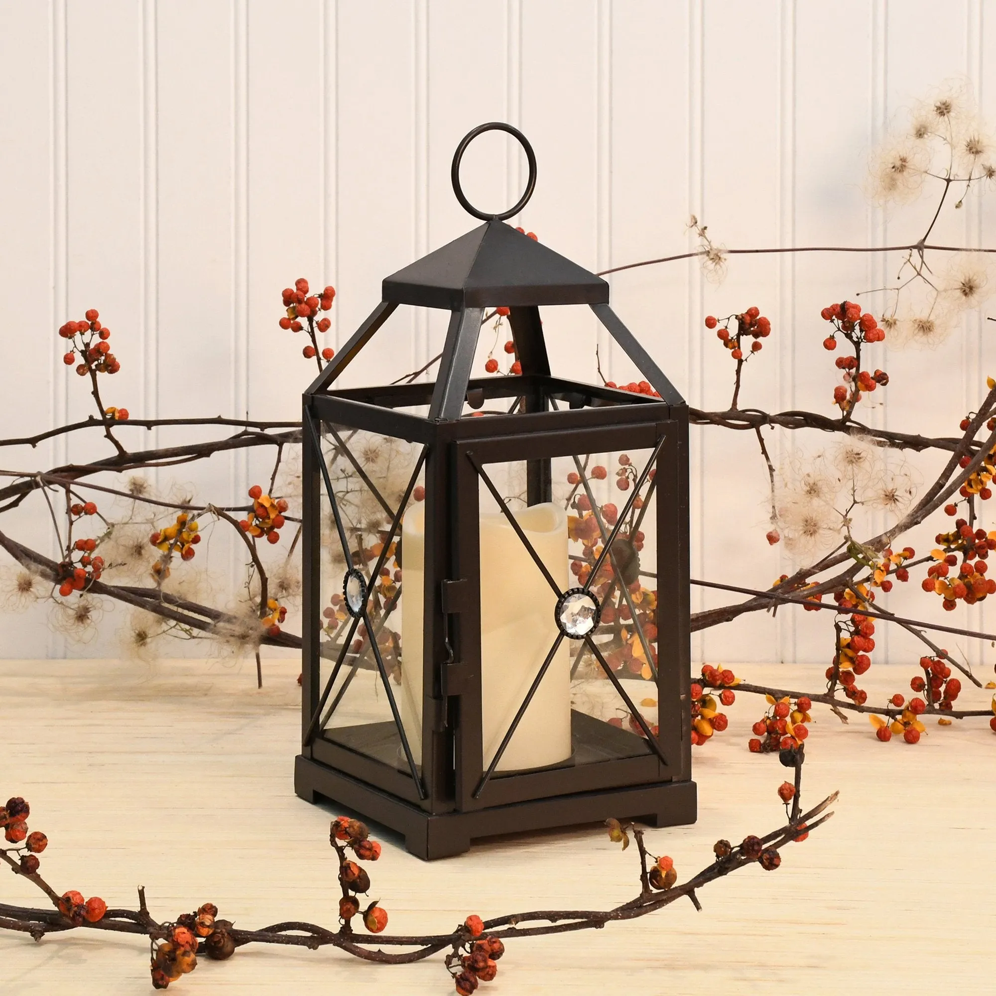 Black Gem Metal Lantern with LED Candle