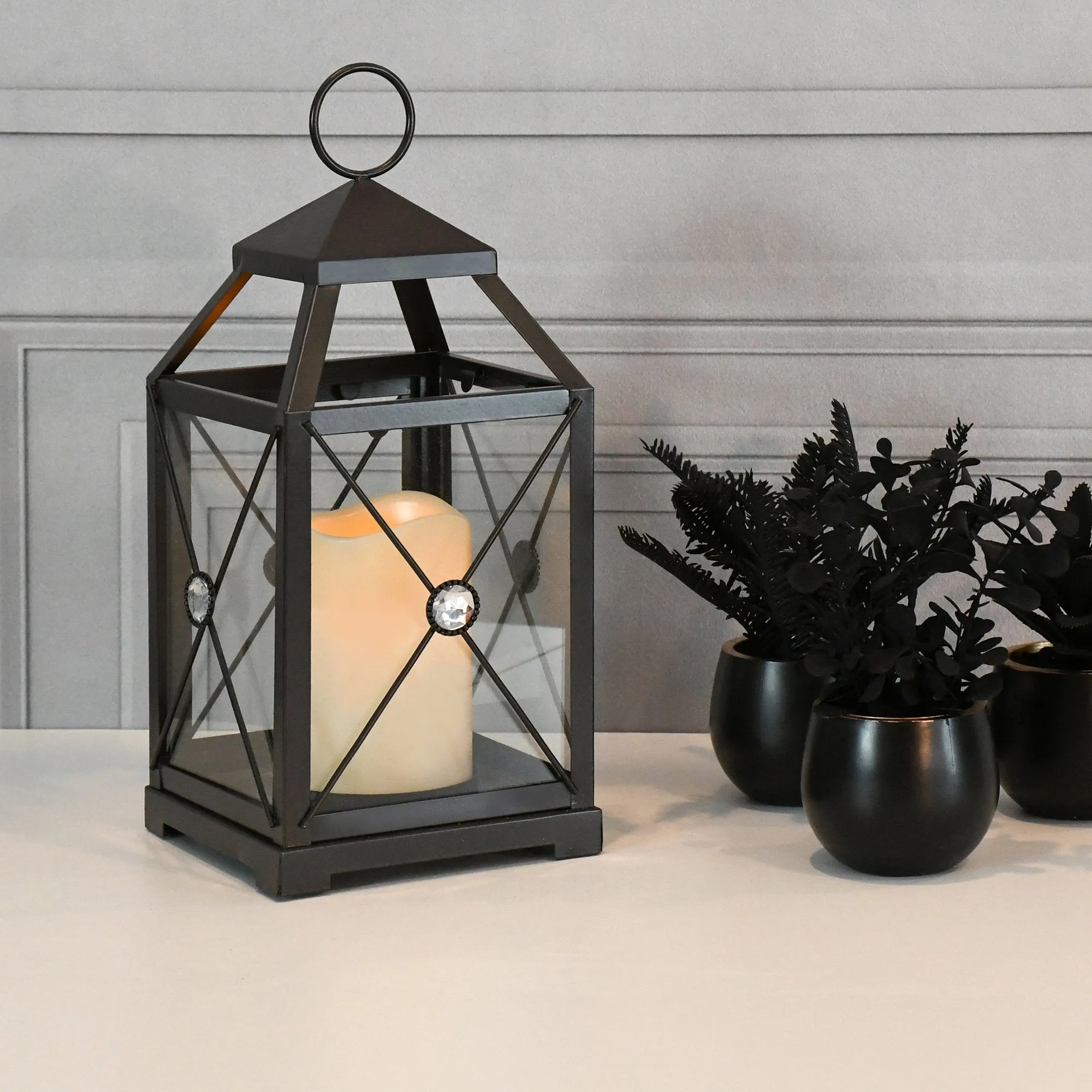 Black Gem Metal Lantern with LED Candle