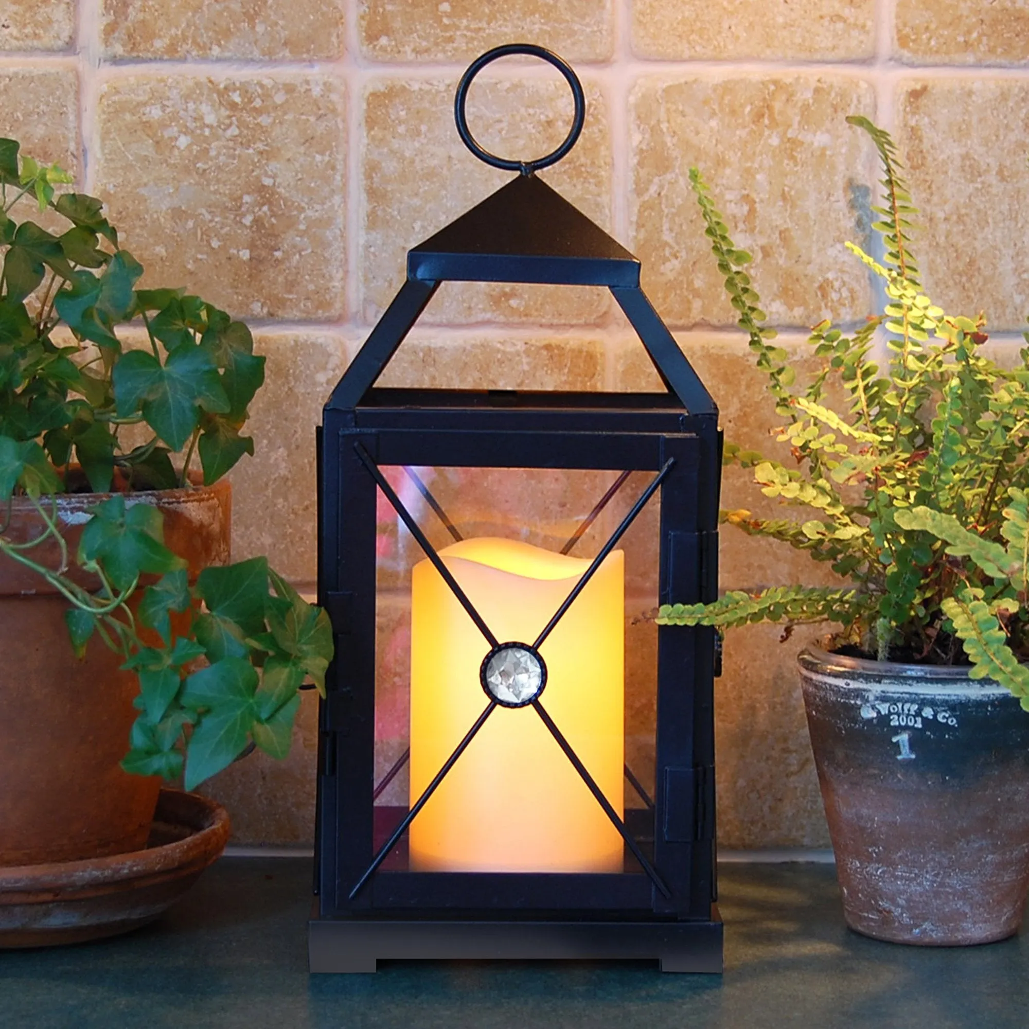 Black Gem Metal Lantern with LED Candle