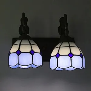 Blue Baroque Stained Glass Wall Sconce with Lattice Dome and 2 Lights