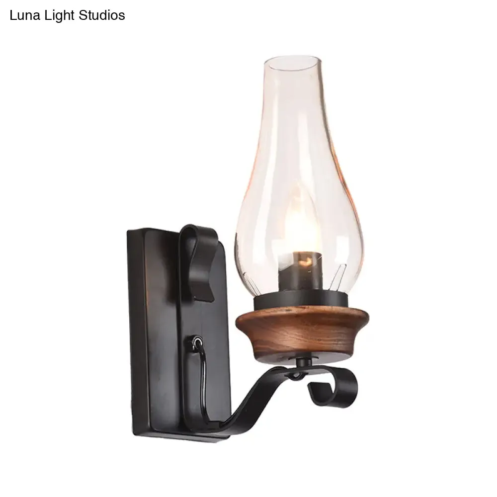 Candle/Kerosene Wall Lamp with Scroll Arm in Black - Loft Style, White/Brown Glass, 1-bulb