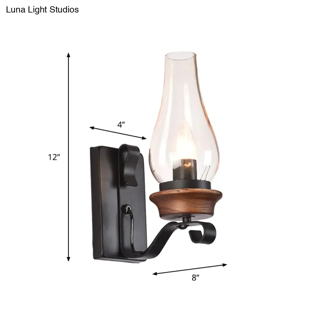 Candle/Kerosene Wall Lamp with Scroll Arm in Black - Loft Style, White/Brown Glass, 1-bulb