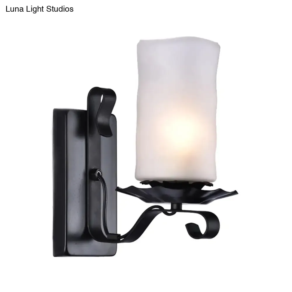 Candle/Kerosene Wall Lamp with Scroll Arm in Black - Loft Style, White/Brown Glass, 1-bulb