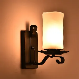 Candle/Kerosene Wall Lamp with Scroll Arm in Black - Loft Style, White/Brown Glass, 1-bulb