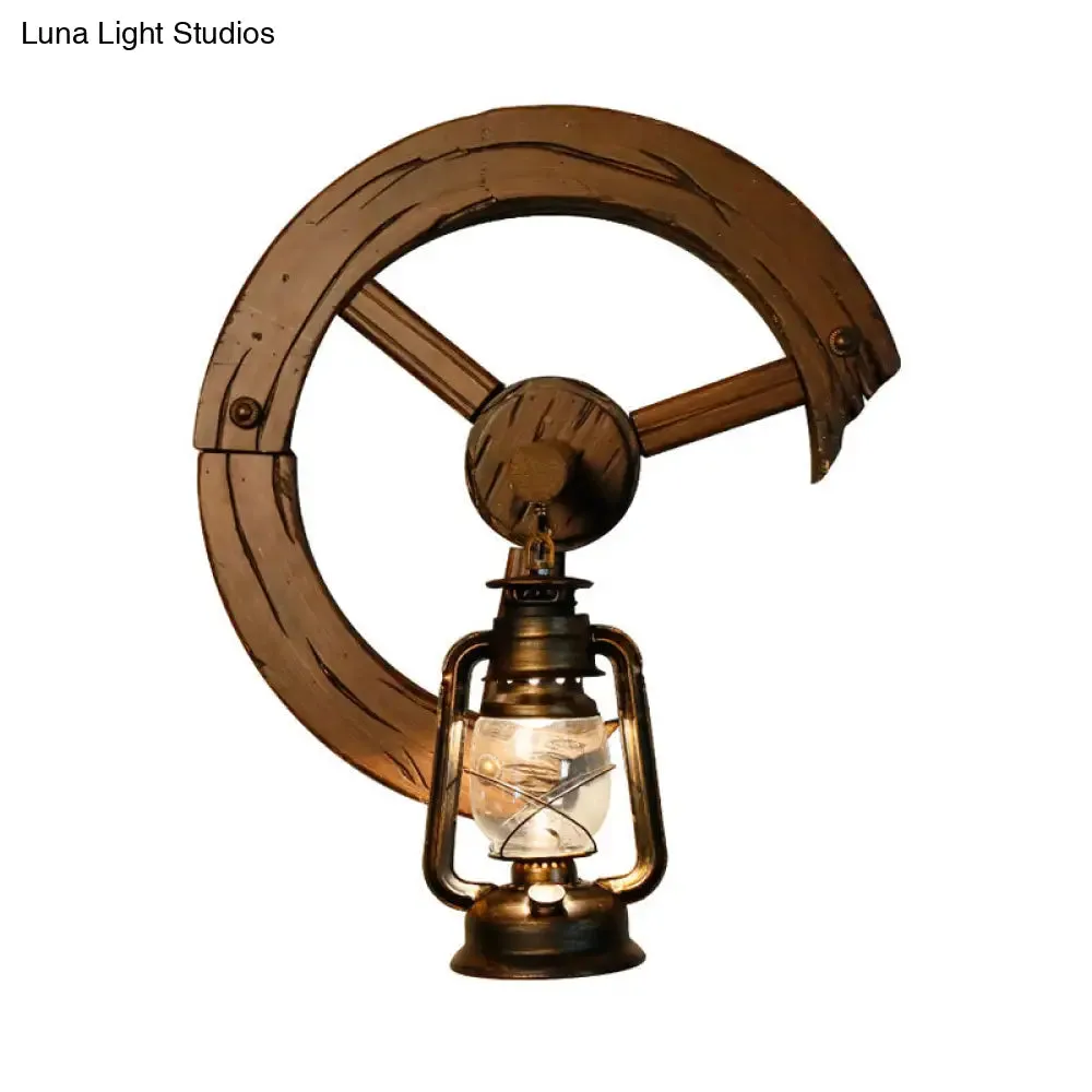 Coastal Kerosene Sconce: Clear Glass 1-Light Wall Mount Fixture in Brass with Wood Backplate