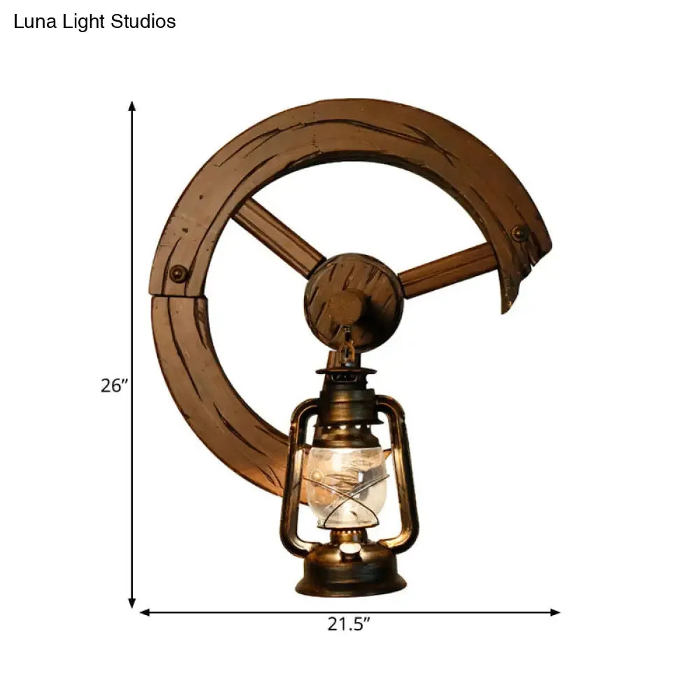 Coastal Kerosene Sconce: Clear Glass 1-Light Wall Mount Fixture in Brass with Wood Backplate