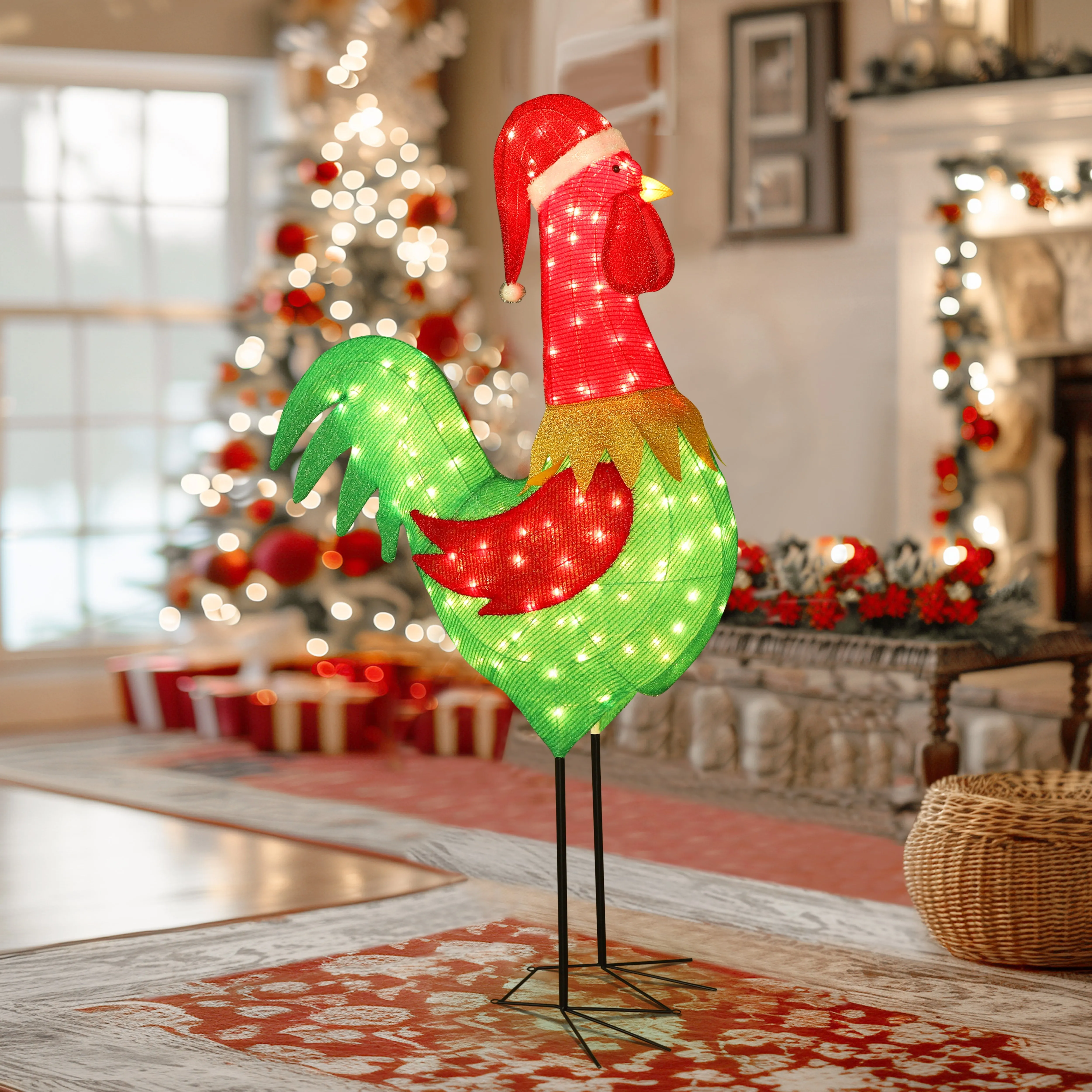 cozy 6ft Christmas Pre-Lit Lamp Post Holiday Decoration w/120 LED Lights, Energy-Saving Rooster