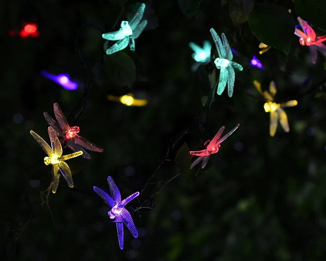 Dragonfly Solar Power String Lights Outdoor Decor 16 Feet 20 LED