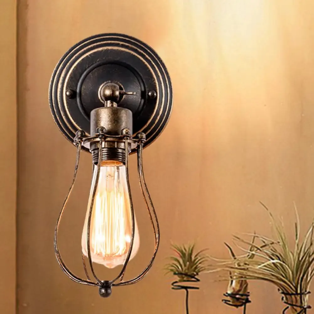 Farmhouse Style Wall Lamp Iron Head with Dark Rust Wire Guard - Coffee Shop Mini Sconce Light