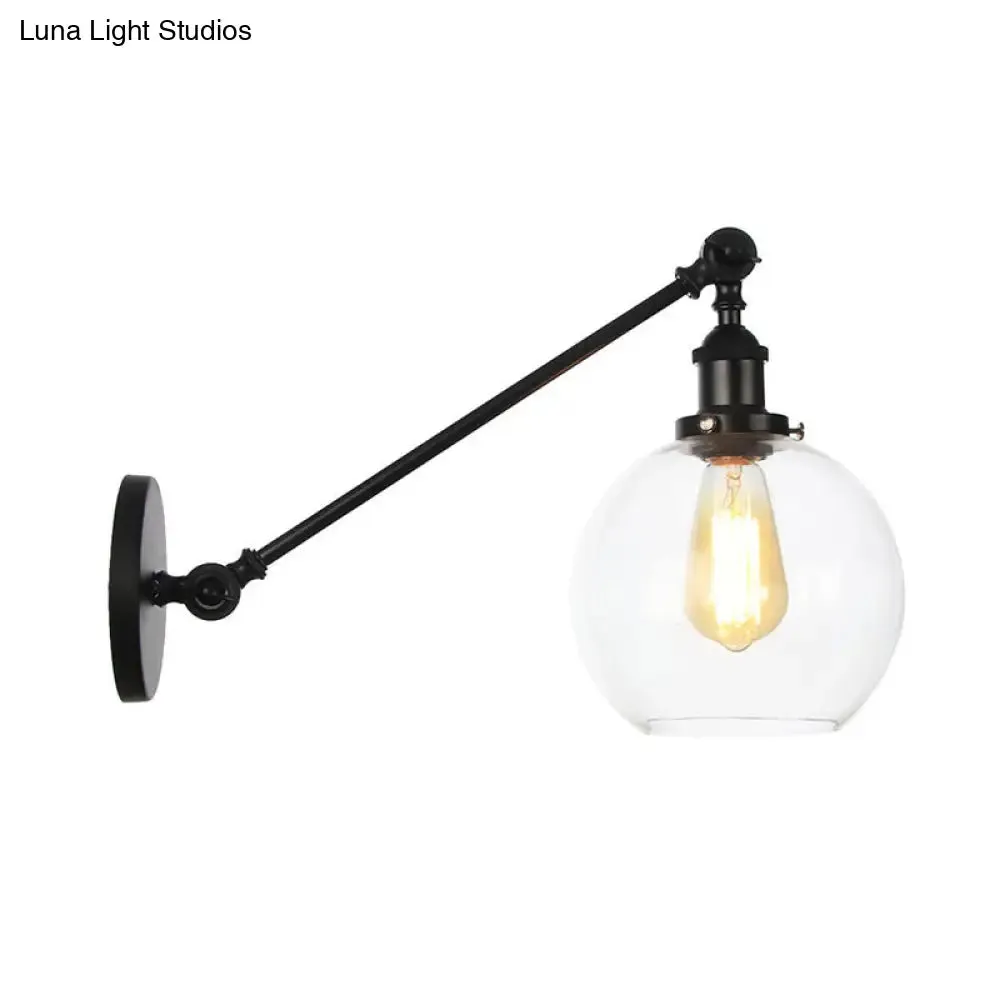 Farmhouse Wall Lighting: Clear Glass Globe 1-Light Fixture in Black/Brass/Bronze, 8"/12" L