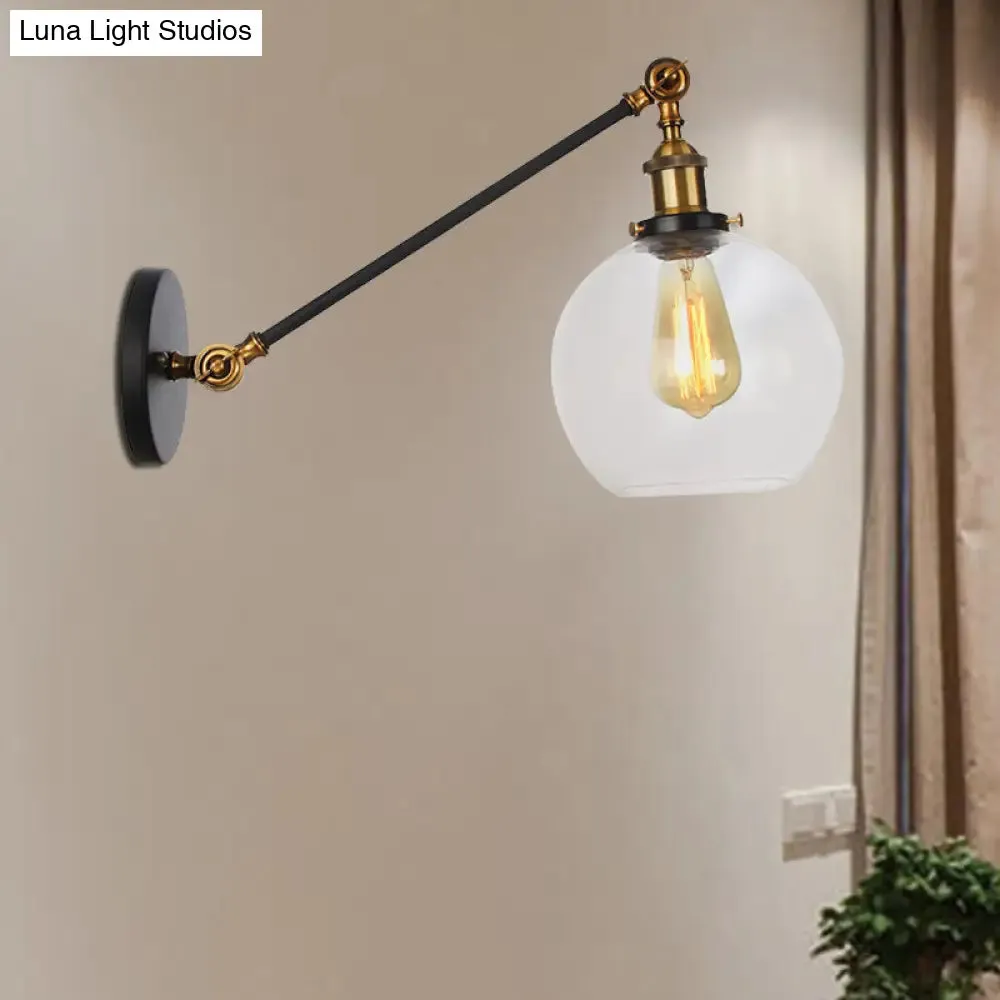 Farmhouse Wall Lighting: Clear Glass Globe 1-Light Fixture in Black/Brass/Bronze, 8"/12" L