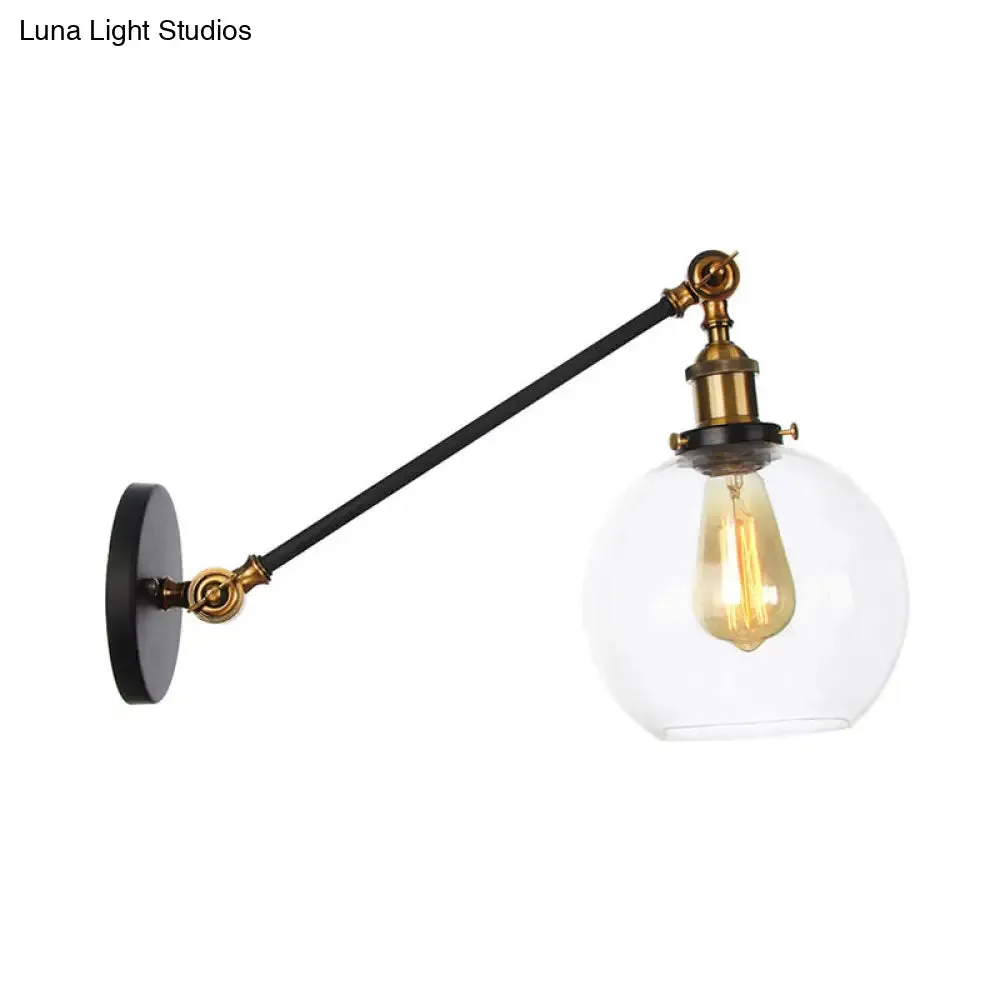 Farmhouse Wall Lighting: Clear Glass Globe 1-Light Fixture in Black/Brass/Bronze, 8"/12" L