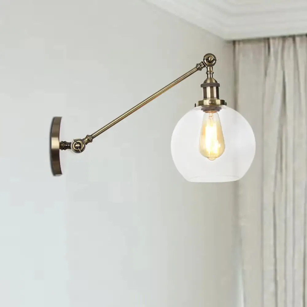 Farmhouse Wall Lighting: Clear Glass Globe 1-Light Fixture in Black/Brass/Bronze, 8"/12" L