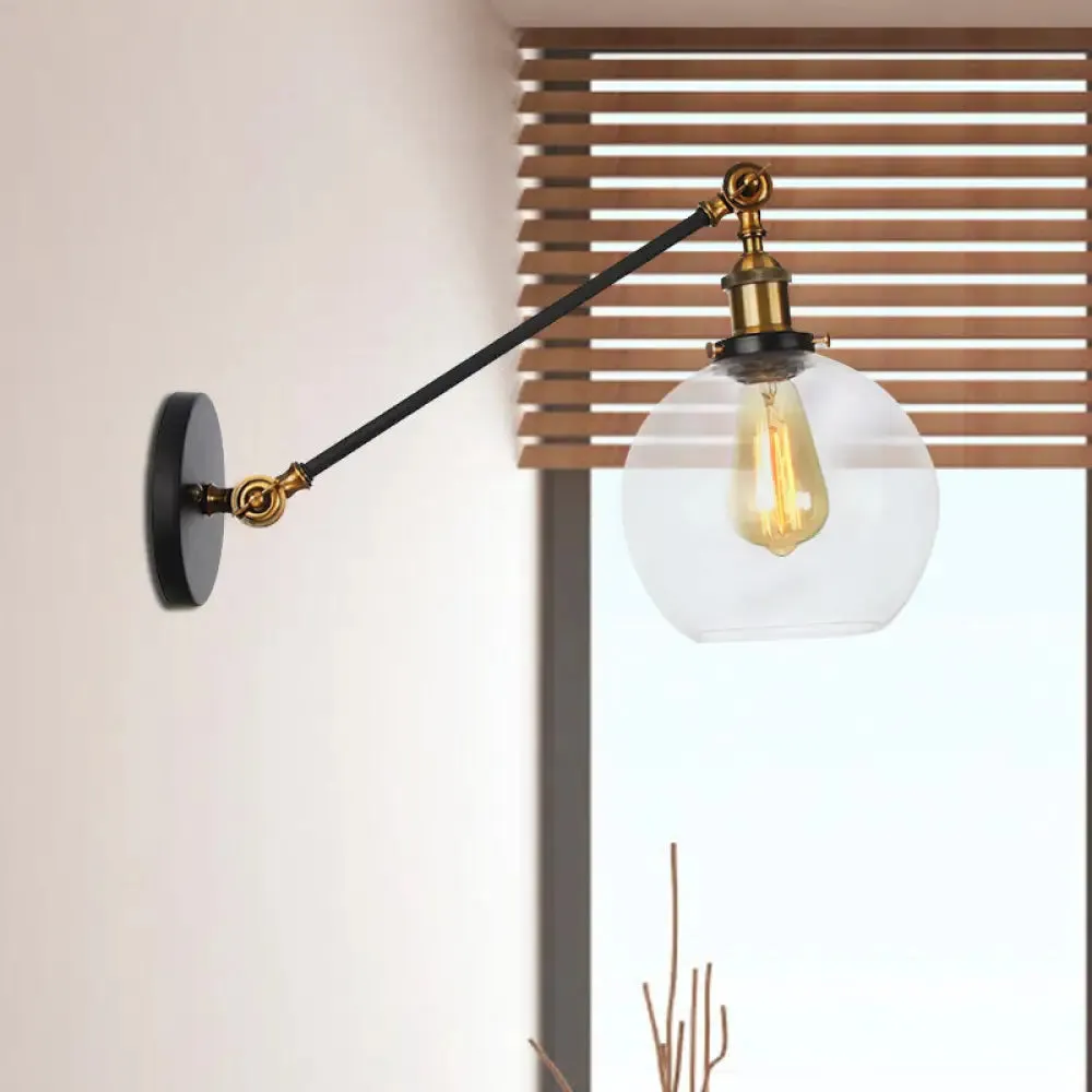 Farmhouse Wall Lighting: Clear Glass Globe 1-Light Fixture in Black/Brass/Bronze, 8"/12" L