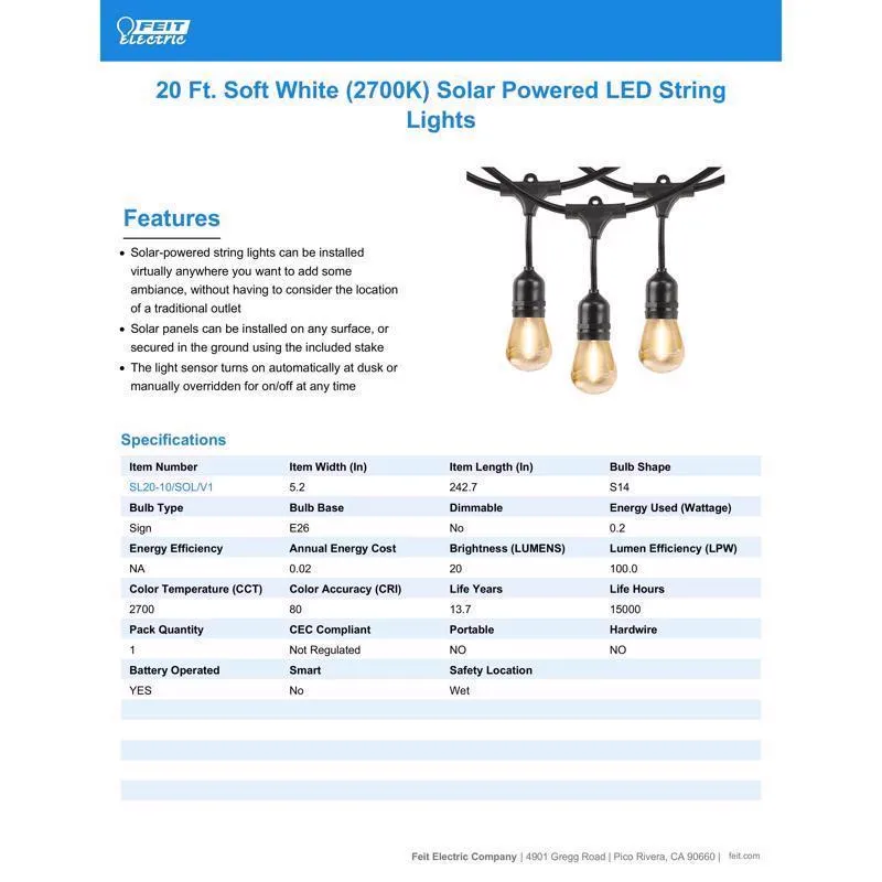 Feit SOLAR STRING LIGHTS LED Solar String Light Set Clear 20 ft. 11 lights