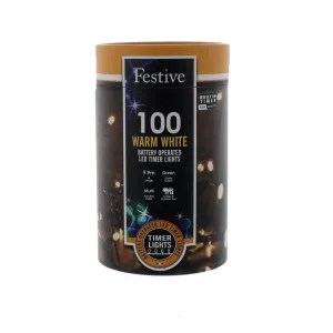 Festive 100 Warm White LED Battery Operated String Lights (9.9m)