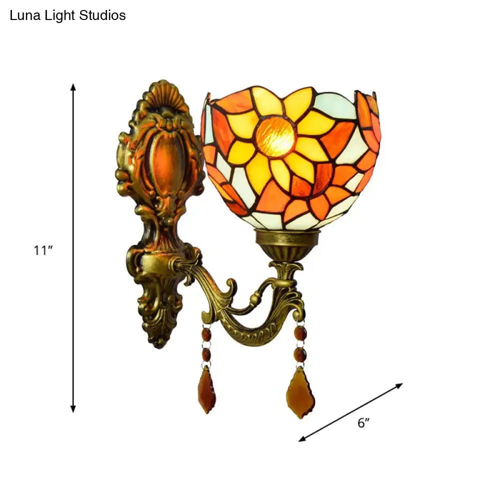 Handcrafted Tiffany Wall Mount Light Fixture - Stained Glass Sunflower Sconce, Brass, 1-Light