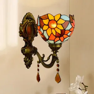 Handcrafted Tiffany Wall Mount Light Fixture - Stained Glass Sunflower Sconce, Brass, 1-Light