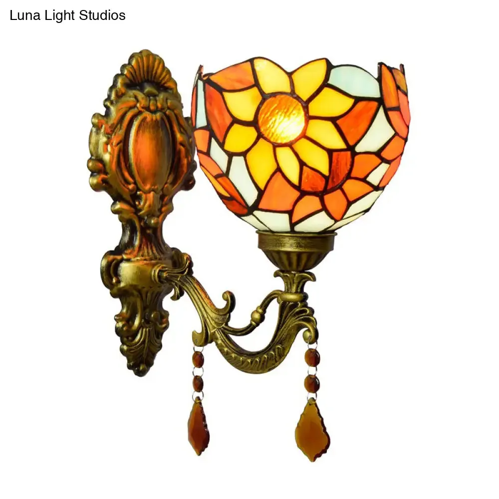 Handcrafted Tiffany Wall Mount Light Fixture - Stained Glass Sunflower Sconce, Brass, 1-Light