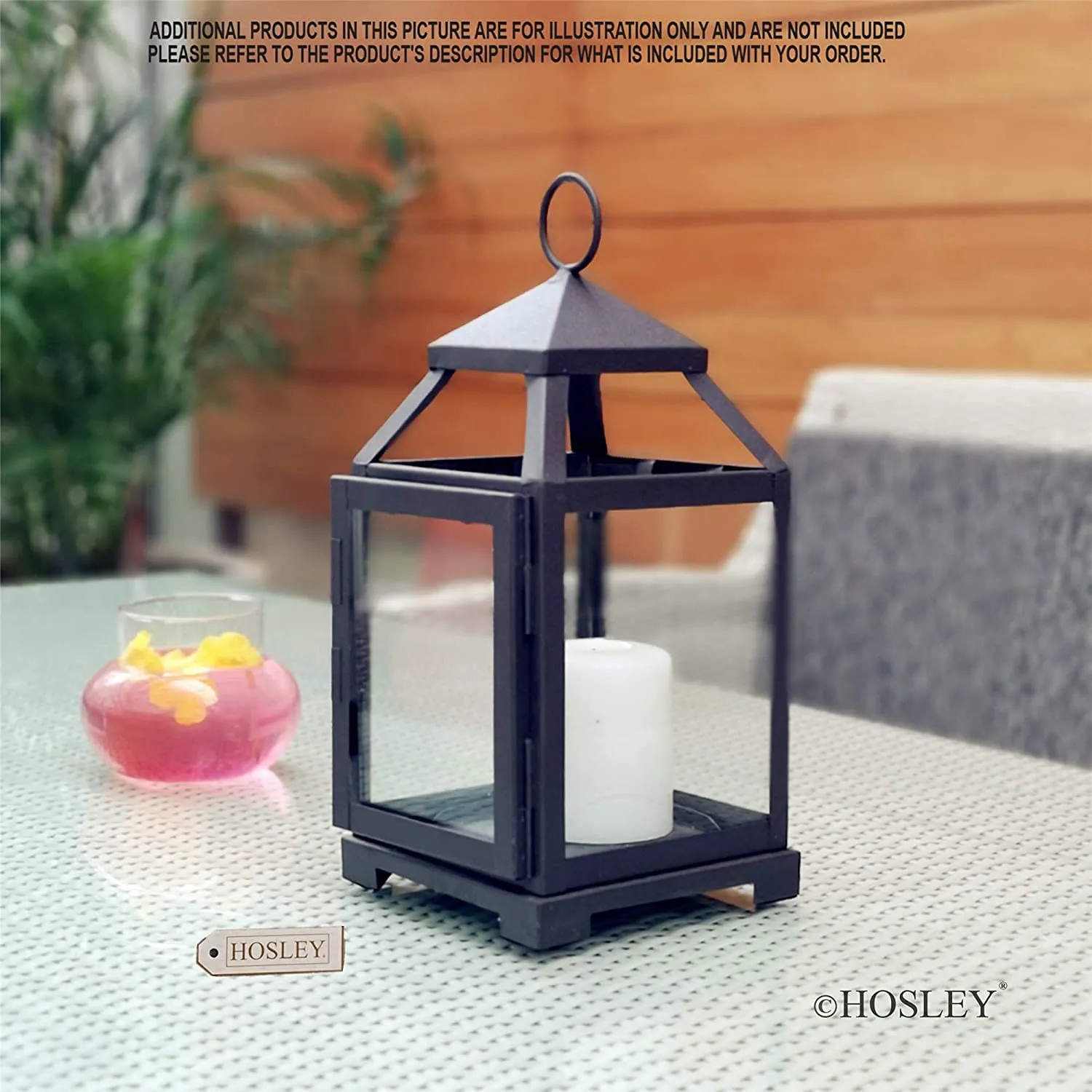 HOSLEY Classic Style Glass Iron Lantern with One Pillar Candle|Black Iron Hanging Lantern Perfect for Home Decor Wedding Parties Gifting|Candle Holder|5.5 Inch Diameter|Pack of 1 (12 Inch Long)