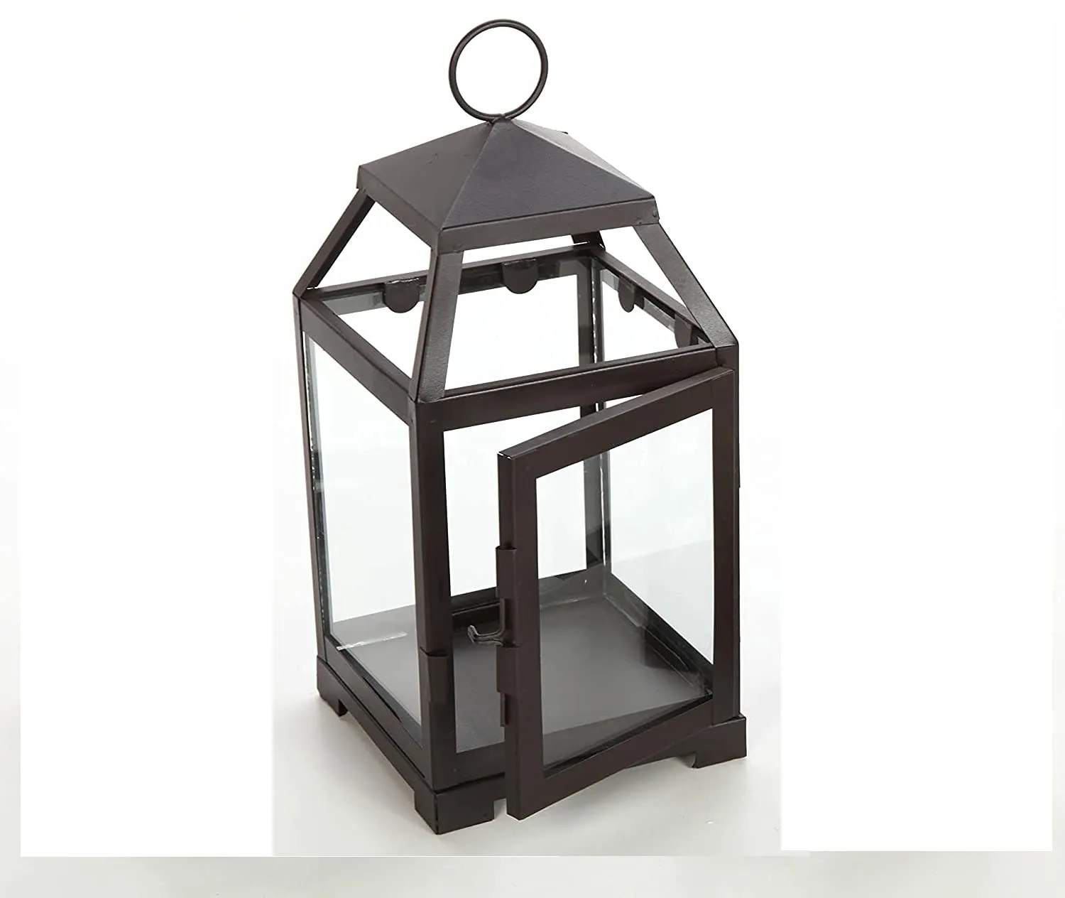 HOSLEY Classic Style Glass Iron Lantern with One Pillar Candle|Black Iron Hanging Lantern Perfect for Home Decor Wedding Parties Gifting|Candle Holder|5.5 Inch Diameter|Pack of 1 (12 Inch Long)