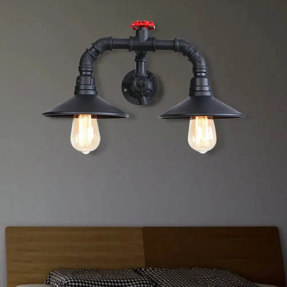 Industrial Black Plumbing Pipe Wall Sconce with Red Valve: Rustic Metallic Stairway Lighting