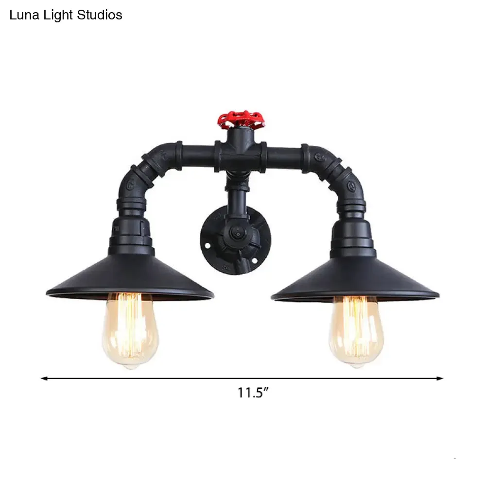 Industrial Black Plumbing Pipe Wall Sconce with Red Valve: Rustic Metallic Stairway Lighting