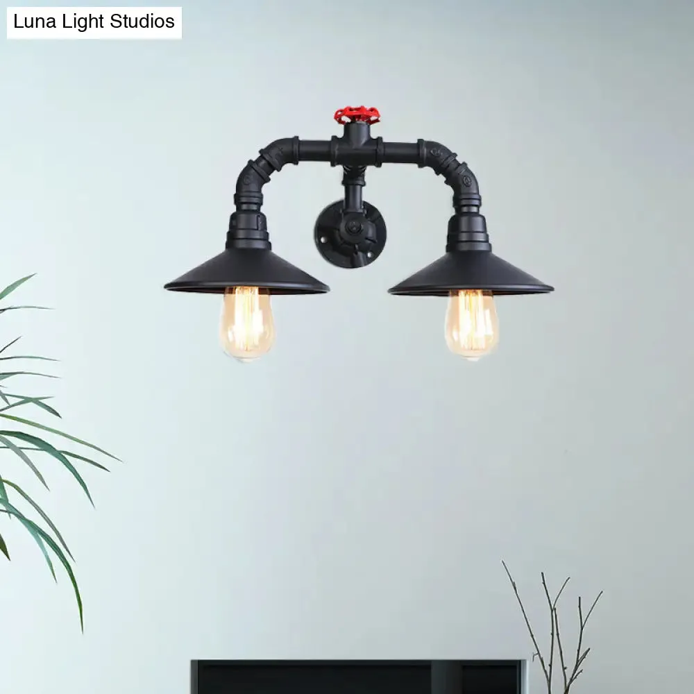 Industrial Black Plumbing Pipe Wall Sconce with Red Valve: Rustic Metallic Stairway Lighting