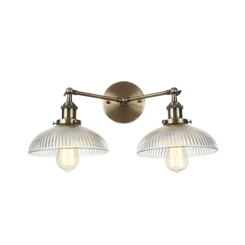 Industrial Domed Ribbed Glass Wall Light with Bronze/Brass/Copper Finish - 2-Light Sconce Lamp for Living Room