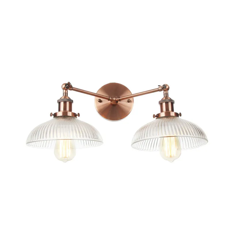 Industrial Domed Ribbed Glass Wall Light with Bronze/Brass/Copper Finish - 2-Light Sconce Lamp for Living Room