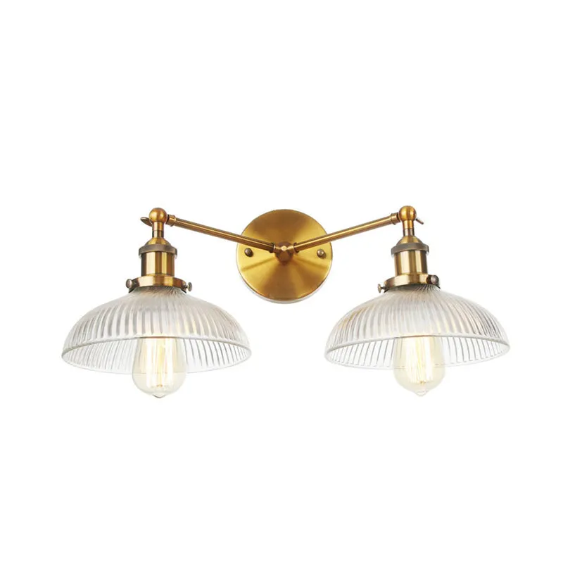 Industrial Domed Ribbed Glass Wall Light with Bronze/Brass/Copper Finish - 2-Light Sconce Lamp for Living Room