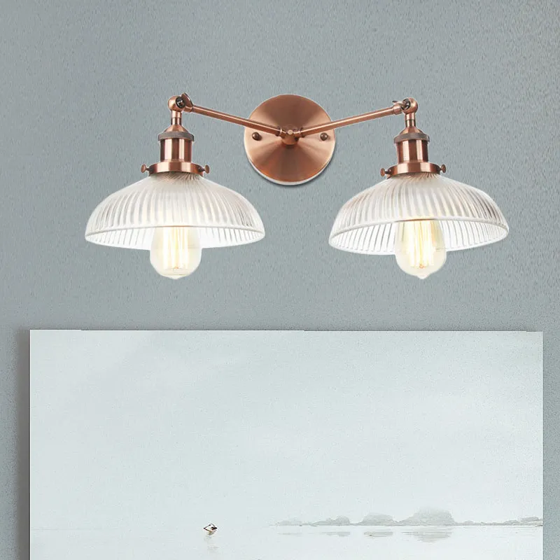 Industrial Domed Ribbed Glass Wall Light with Bronze/Brass/Copper Finish - 2-Light Sconce Lamp for Living Room