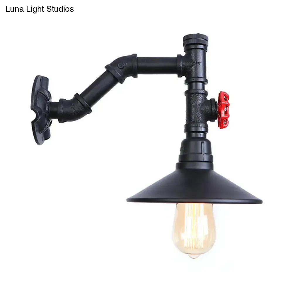 Industrial Flared Wall Lamp Sconce with Plumbing Pipe and Red Valve - Black, 1 Bulb