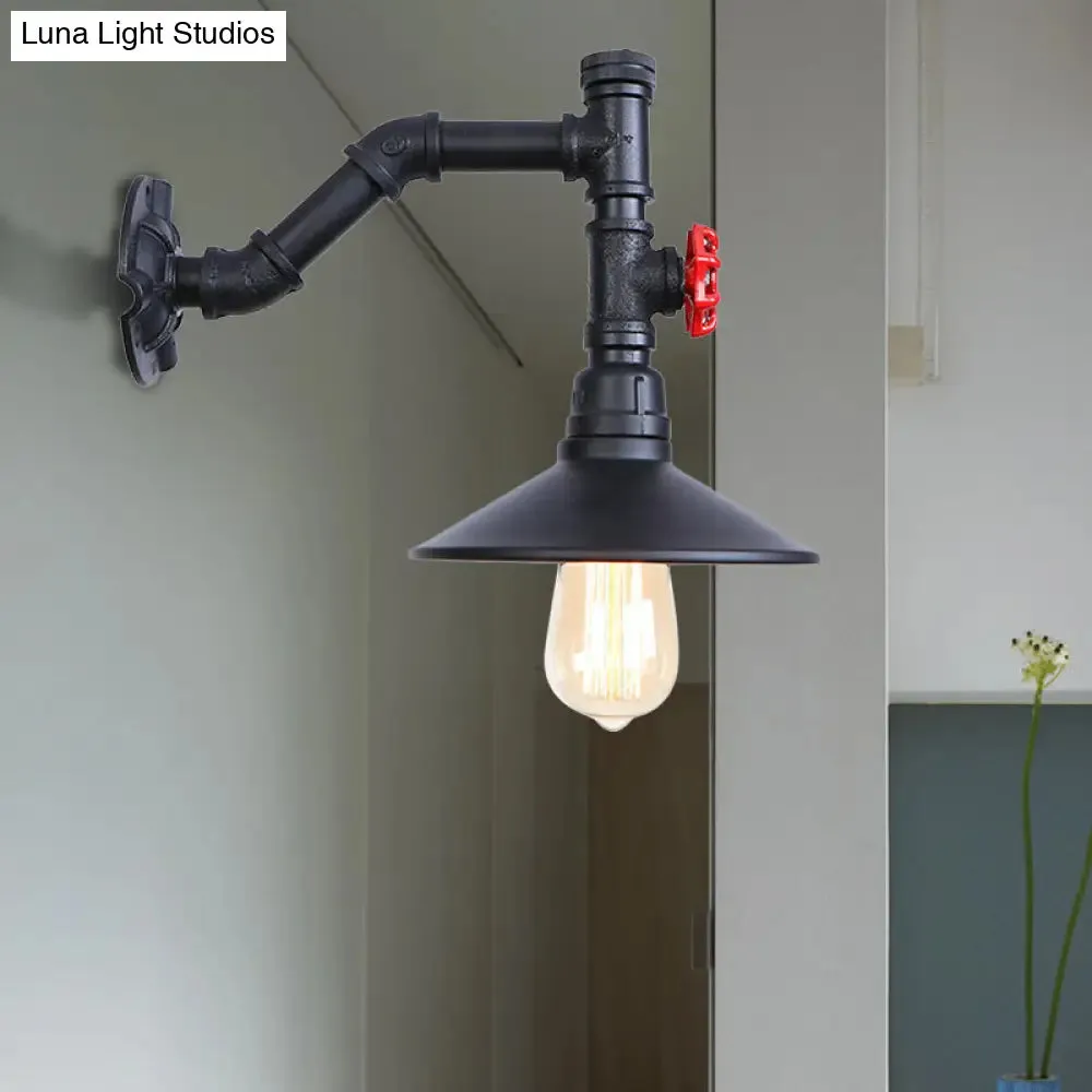 Industrial Flared Wall Lamp Sconce with Plumbing Pipe and Red Valve - Black, 1 Bulb