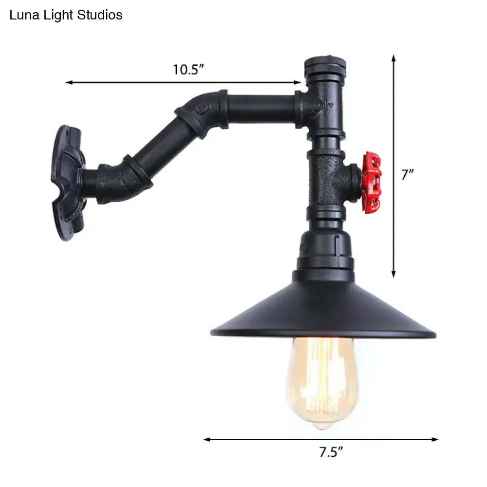 Industrial Flared Wall Lamp Sconce with Plumbing Pipe and Red Valve - Black, 1 Bulb