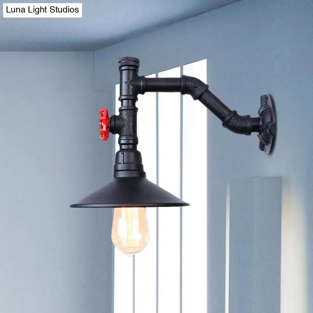 Industrial Flared Wall Lamp Sconce with Plumbing Pipe and Red Valve - Black, 1 Bulb