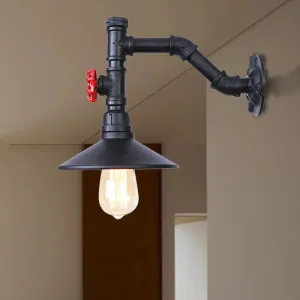 Industrial Flared Wall Lamp Sconce with Plumbing Pipe and Red Valve - Black, 1 Bulb