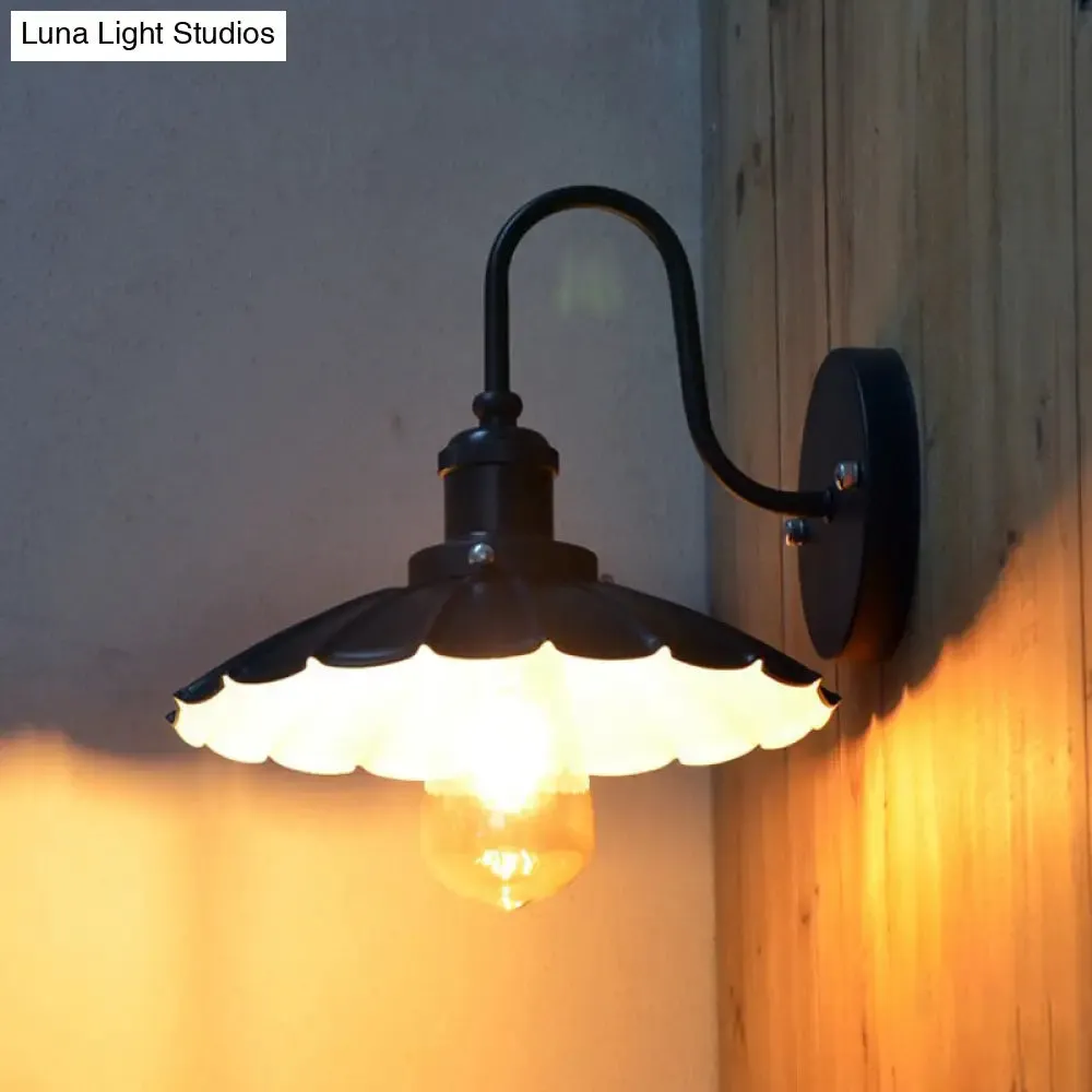 Industrial Gooseneck Wall Sconce with Scalloped Shade, 1 Light - Black, 9.5"/13" Width